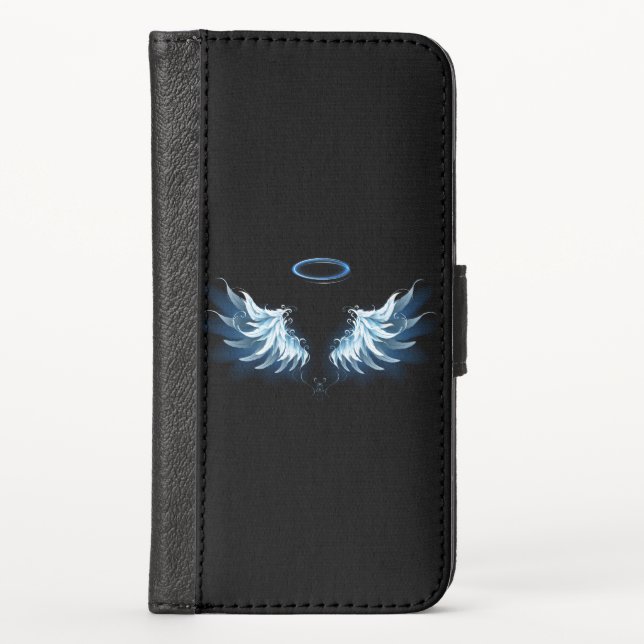 Blue Glowing Angel Wings on black background iPhone Wallet Case (Front)