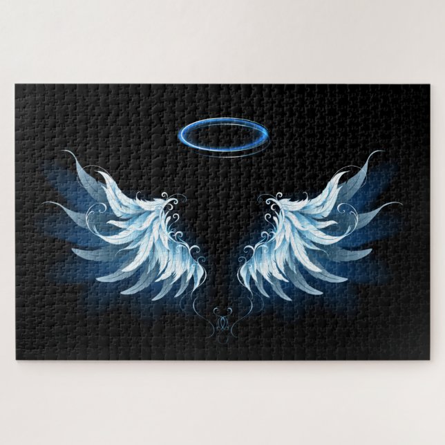 Blue Glowing Angel Wings on black background Jigsaw Puzzle (Horizontal)