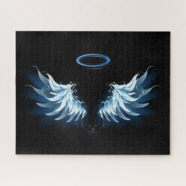 Blue Glowing Angel Wings on black background Jigsaw Puzzle (Horizontal)