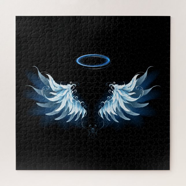 Blue Glowing Angel Wings on black background Jigsaw Puzzle (Horizontal)