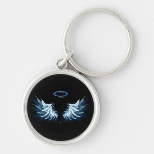 Blue Glowing Angel Wings on black background Keychain