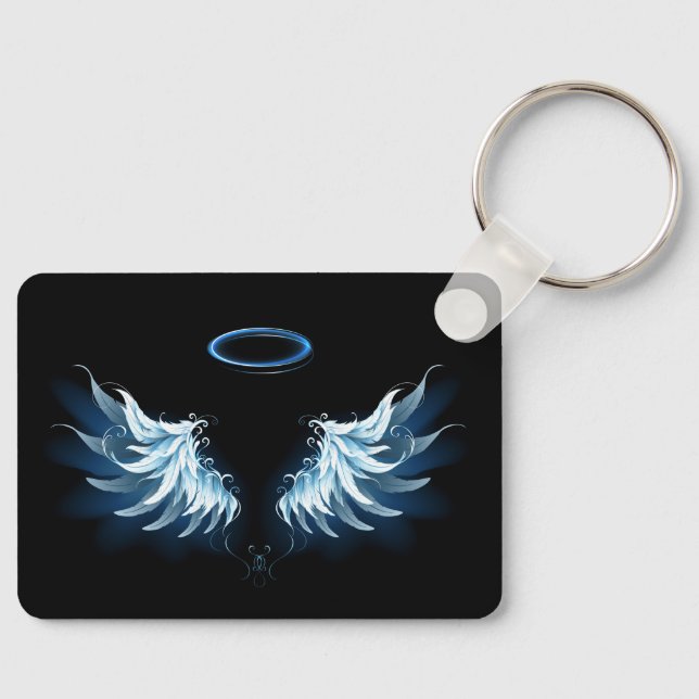 Blue Glowing Angel Wings on black background Keychain (Front)