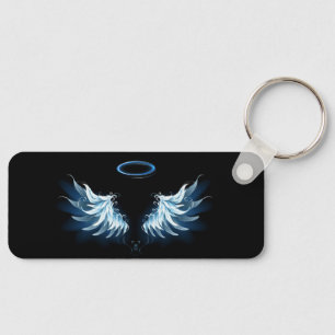 Blue Glowing Angel Wings on black background Keychain