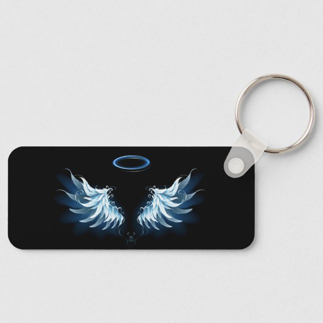 Blue Glowing Angel Wings on black background Keychain (Front)