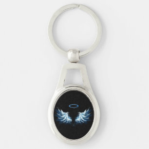 Blue Glowing Angel Wings on black background Keychain