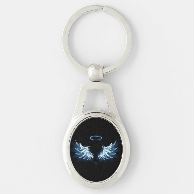 Blue Glowing Angel Wings on black background Keychain (Front)