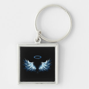 Blue Glowing Angel Wings on black background Keychain