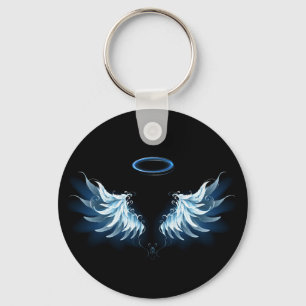 Blue Glowing Angel Wings on black background Keychain