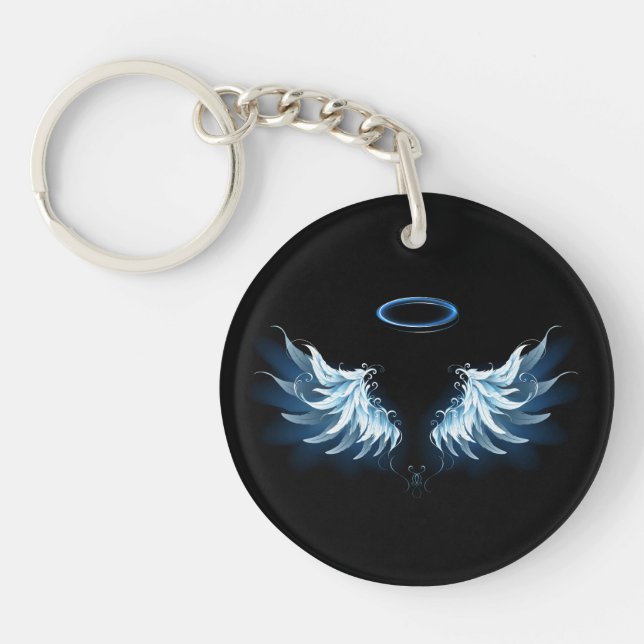 Blue Glowing Angel Wings on black background Keychain (Front)