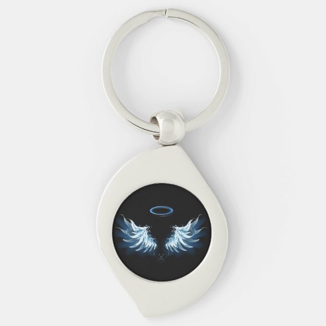 Blue Glowing Angel Wings on black background Keychain (Front)