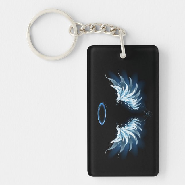 Blue Glowing Angel Wings on black background Keychain (Front)