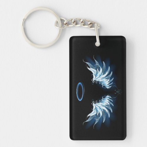 Blue Glowing Angel Wings on black background Keychain