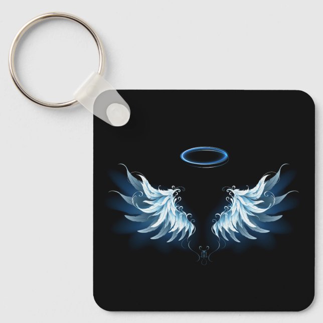 Blue Glowing Angel Wings on black background Keychain (Front)