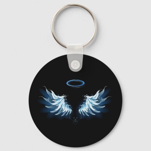 Blue Glowing Angel Wings on black background Keychain