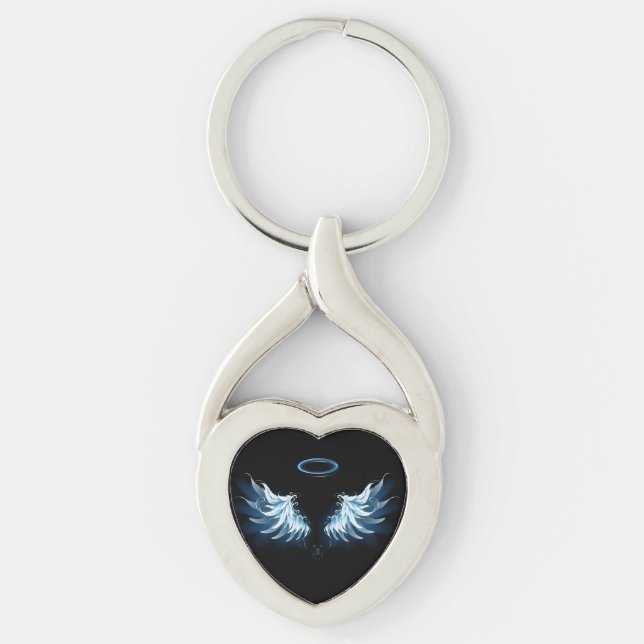 Blue Glowing Angel Wings on black background Keychain (Front)