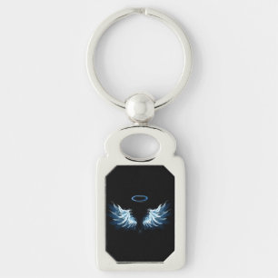 Blue Glowing Angel Wings on black background Keychain