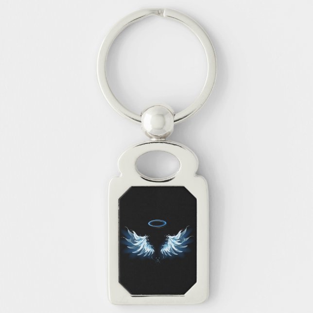 Blue Glowing Angel Wings on black background Keychain (Front)
