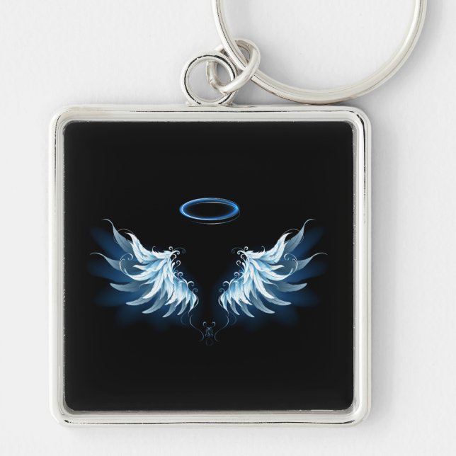 Blue Glowing Angel Wings on black background Keychain (Front)
