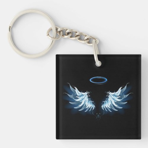 Blue Glowing Angel Wings on black background Keychain