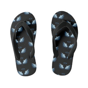 Blue Glowing Angel Wings on black background Kid's Flip Flops