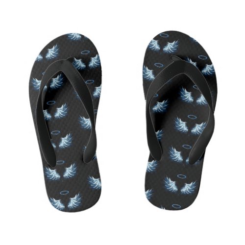 Blue Glowing Angel Wings on black background Kids Flip Flops