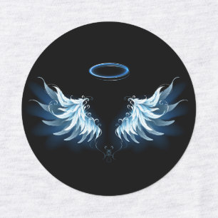 Blue Glowing Angel Wings on black background Kids' Labels