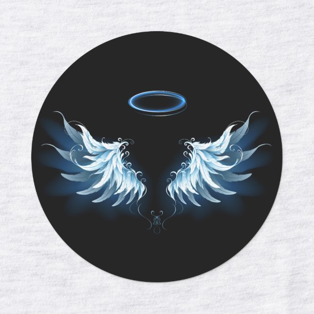Blue Glowing Angel Wings on black background Kids' Labels (Design 1)
