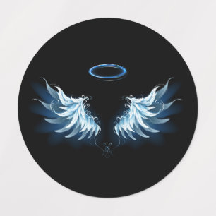 Blue Glowing Angel Wings on black background Kids' Labels