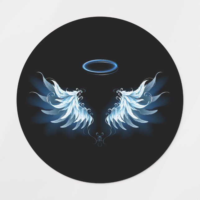 Blue Glowing Angel Wings on black background Kids' Labels (Design 1)