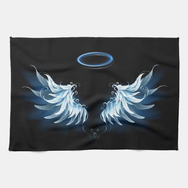 Blue Glowing Angel Wings on black background Kitchen Towel (Horizontal)