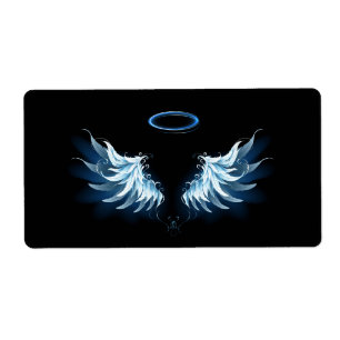 Blue Glowing Angel Wings on black background Label