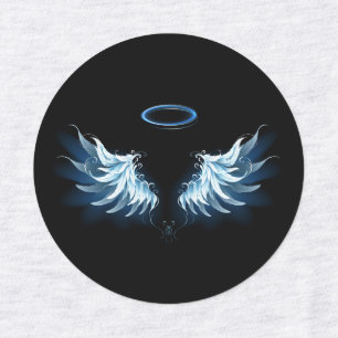 Blue Glowing Angel Wings on black background Labels