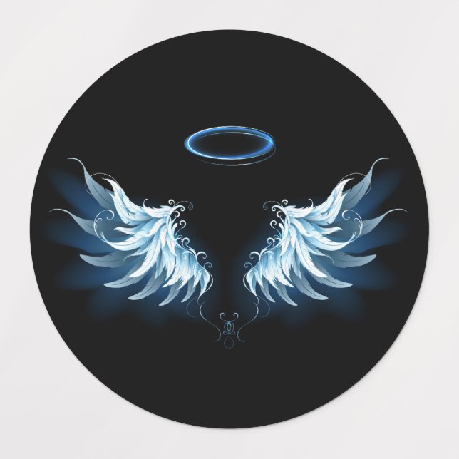 Blue Glowing Angel Wings on black background Labels (Design 1)