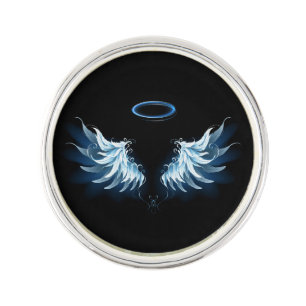 Blue Glowing Angel Wings on black background Lapel Pin