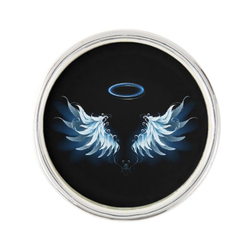 Blue Glowing Angel Wings on black background Lapel Pin