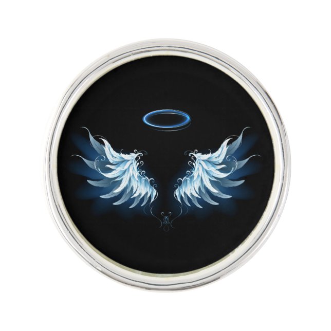 Blue Glowing Angel Wings on black background Lapel Pin (Front)