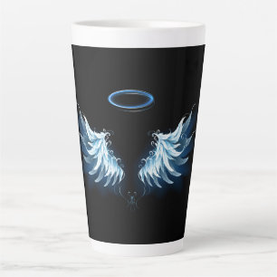 Blue Glowing Angel Wings on black background Latte Mug