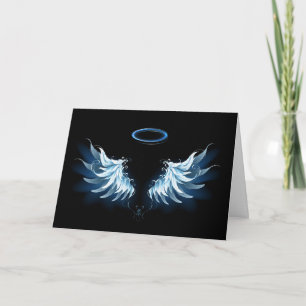 Blue Glowing Angel Wings on black background Letterpress Thank You Card