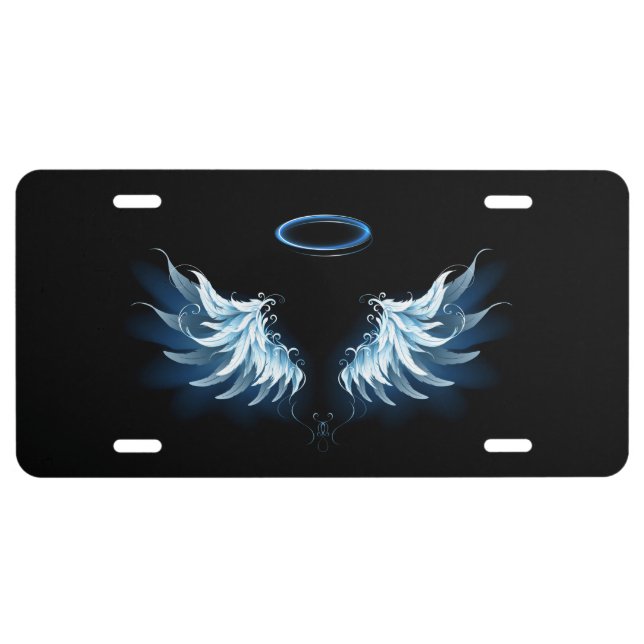 Blue Glowing Angel Wings on black background License Plate (Front)
