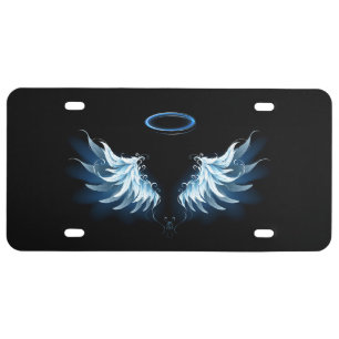 Blue Glowing Angel Wings on black background License Plate