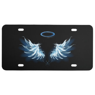 Blue Glowing Angel Wings on black background License Plate