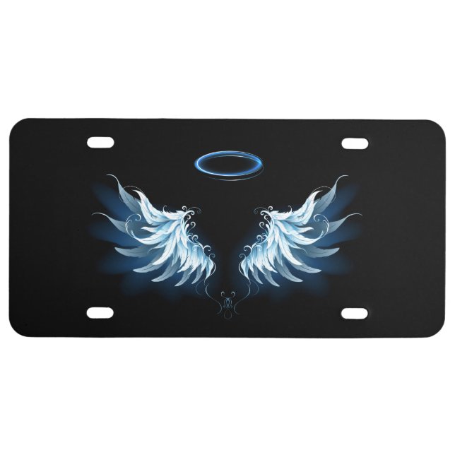 Blue Glowing Angel Wings on black background License Plate (Front)