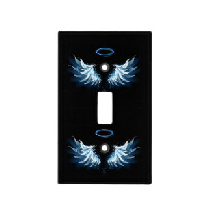 Blue Glowing Angel Wings on black background Light Switch Cover