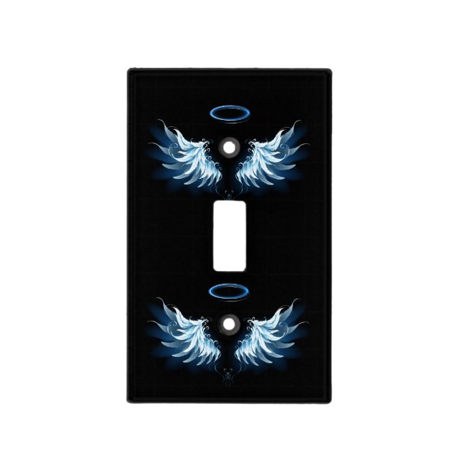 Blue Glowing Angel Wings on black background Light Switch Cover (Front)
