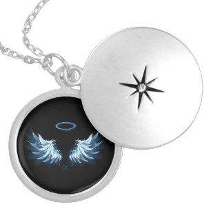 Blue Glowing Angel Wings on black background Locket Necklace