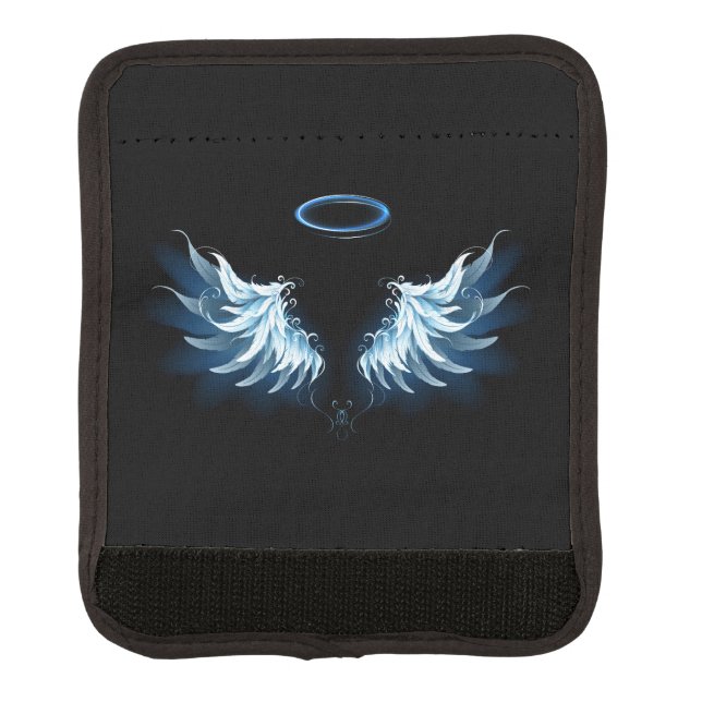 Blue Glowing Angel Wings on black background Luggage Handle Wrap (Front)