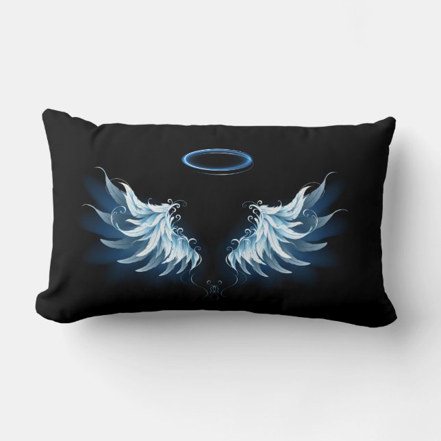 Blue Glowing Angel Wings on black background Lumbar Pillow (Front)