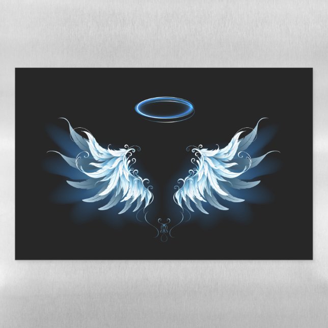 Blue Glowing Angel Wings on black background Magnetic Dry Erase Sheet (Horizontal)