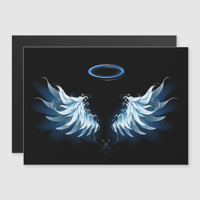Blue Glowing Angel Wings on black background Magnetic Invitation (Front/Back)