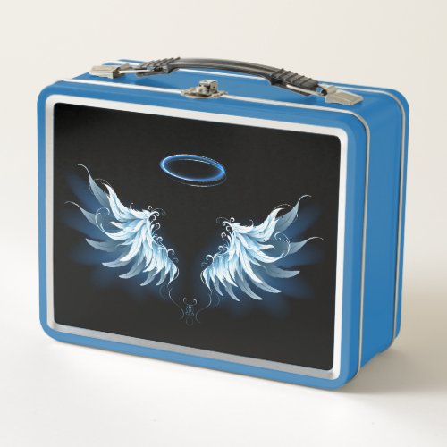 Blue Glowing Angel Wings on black background Metal Lunch Box